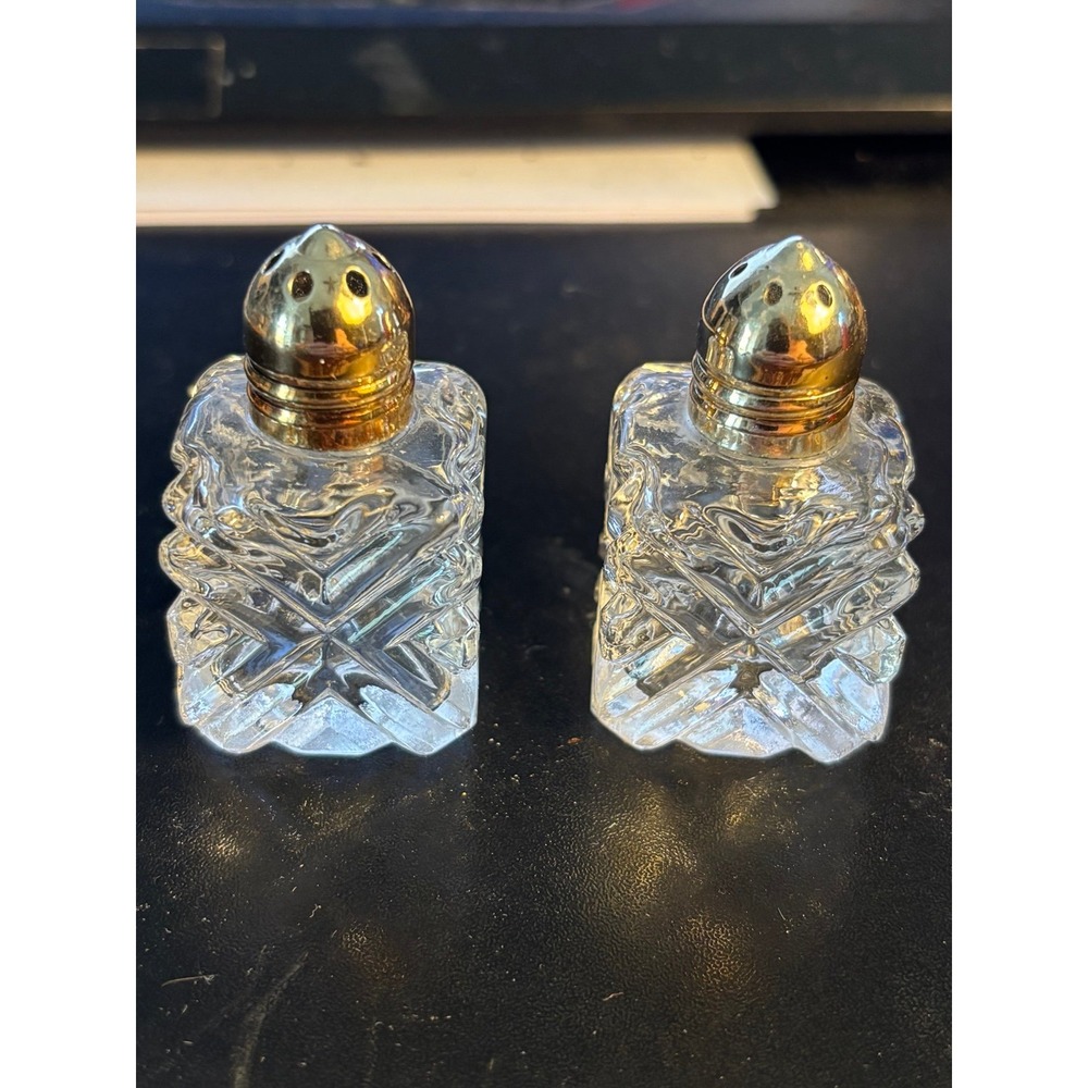 Vintage Crystal Salt and Pepper Shakers with Gold Lids
